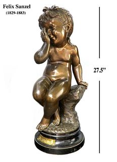 FELIX SANZEL (1829-1883) Large Bronze Figure of Girl L'ESPIEGLE, French