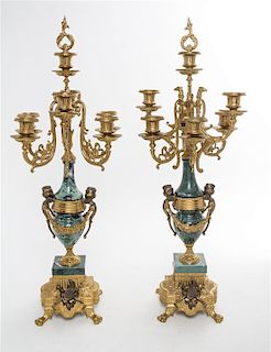 A Pair of Italian Gilt Metal Mounted Marble Seven-Light Candelabra Height 27 1/4 inches.