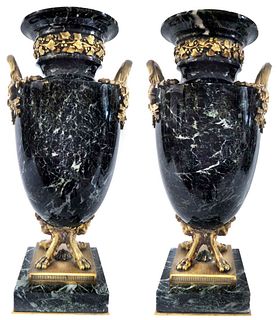 19th Century Pair of Figural Ormolu Mounted Marble Urns