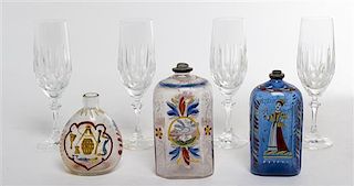 * Three Continental Enamel Glass Bottles Height of champagne flute 7 7/8 inches.