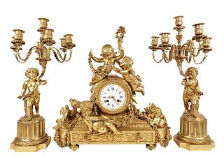 Magnificent 19th C. RAINGO FRÉRES Signed French Napoleon Louis XVI Gilt Bronze Figural Clockset