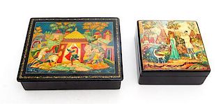 * Two Mstera Russian Lacquer Boxes Height of first 5 5/8 x width 6 7/8 inches.