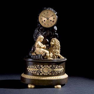 19th C. French Gilt and Patinated Bronze Figural Mantle Clock
