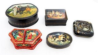 * A Group of Five Russian Lacquer Boxes Height of largest 2 1/2 inches x width 6 3/8 x depth 4 7/8 inches.