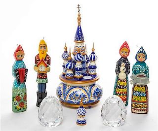 * A Group of Seven Russian Decorative Articles Height of music box 7 7/8 inches.