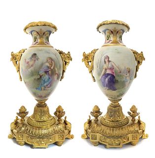 Pair of 19th C. Sevres Porcelain & Bronze Urns Signed ROCHETTE