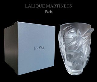 Authentic Lalique Martinets Swallow Large Clear Frosted Signed Vase 9.5" Tall (With Box)