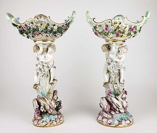 Pair of Large 19th C. Meissen Porcelain Figural Floral Encrusted Compotes