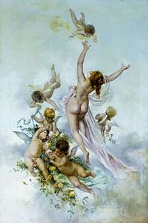 Late 19th C. "Goddess with Cupids" Oil on Canvas Painting