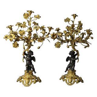 Pair of 19th C. French Rococo Gilt & Patinated Bronze Figural Candelabras