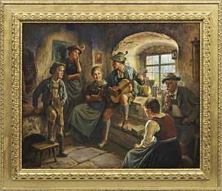 Maximilian Wachsmuth (German 1859-1912)"Farm Guitar Scene" Oil on Canvas