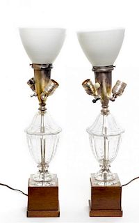 * A Pair of English Cut Glass Urns Height overall 25 inches.
