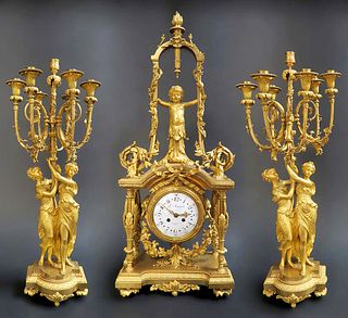 Magnificent French Monumental Mercury Gilt Bronze Figural Clock Set By L. Marchand