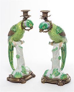 A Pair of Gilt Metal Mounted Porcelain Candlesticks Height 17 inches.