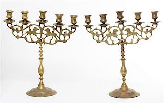 * A Pair of Brass Five-Light Candelabra Height 15 1/2 inches.