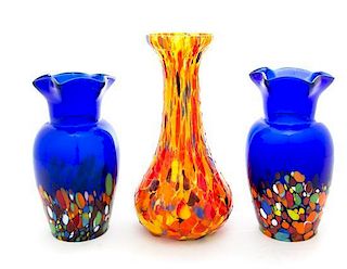 * A Pair of Czechoslovakian Cobalt Glass Vases Height of pair 5 1/4 inches.