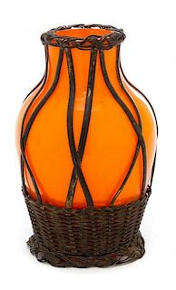 * A Czechoslovakian Wire Wrapped Glass Vase Height 4 1/2 inches.