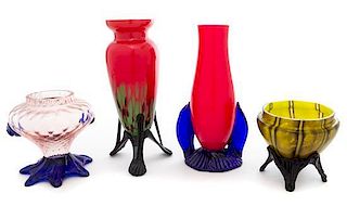 * Four Czechoslovakian Applied Glass Vases Height of tallest 8 1/4 inches.