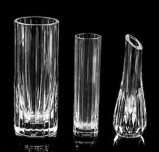 * Three Baccarat Glass Vases Height of tallest 7 3/4 inches.