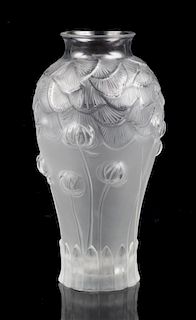 A Lalique Frosted Glass Giverny Vase Height 11 1/2 inches.