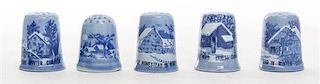 Five Blue and White Porcelain Collector Thimbles Height of first 1 1/4 inches.