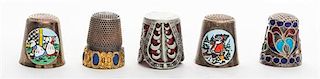 A Group of Enamel Decorated Thimbles Height of first 3/4 inch.