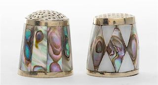 A Pair of Mother-of-Pearl Mounted Thimbles Height of taller 3/4 inch.