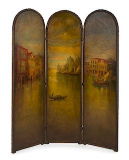 A Painted Leather Three-Panel Floor Screen Height 60 x width of each panel 20 inches.