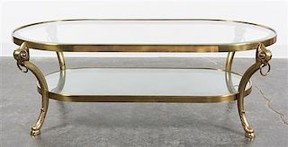 A Neoclassical Brass and Glass Low Table Height 16 x width 48 x depth 26 inches.