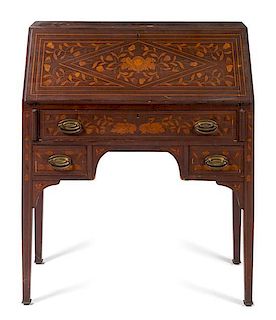 * A Dutch Marquetry Fall Front Writing Desk Height 30 1/2 x width 44 x depth 17 1/4 inches.