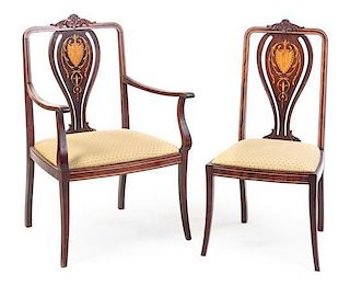 Two Edwardian Style Marquetry Chairs Height of armchair 37 3/4 inches.