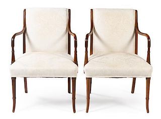 * A Pair of Regency Style Walnut Open Armchairs Height 34 inches.