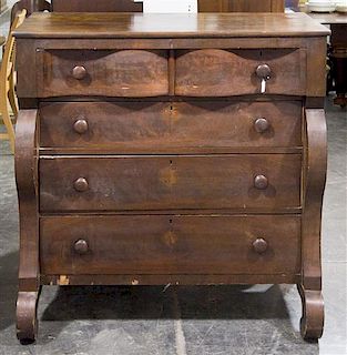 * An American Empire Mahogany Chest of Drawers Height 45 x width 43 1/2 x depth 21 inches.