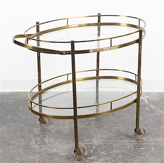 * An Art Deco Style Brass Bar Cart Height 28 x width over handle 33 x depth 19 1/4 inches.
