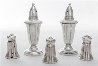 * A Group of Five American Silver Casters, various makers, comprising a weighted pair and three smaller examples.