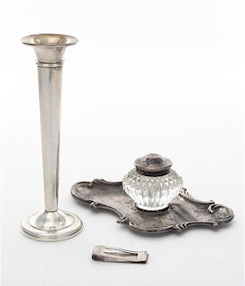 * Three Silver Table Articles, Various Makers, comprising a weighted International Sterling trumpet-form vase, a Ballou silver m