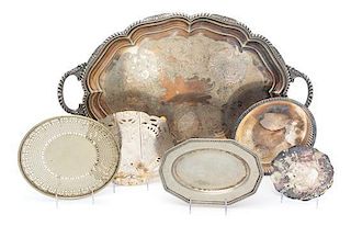 * A Collection of Silver-plate and Pewter Trays Width of widest over handles 29 inches.