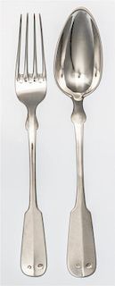 * An Austrian Silver Serving Spoon and Fork, Maker's Mark AP in oval, Late 19th/Early 20th Century, having fiddles' handles.
