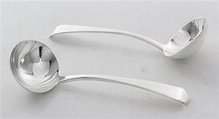 * A Pair of English Silver Sauce Ladles, Richard Crossly, London, 1812, with rounded down-turned handles.