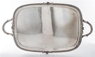 * A Sheffield-plate Two-Handled Tray, , of rounded rectangular form and having a gadrooned border.