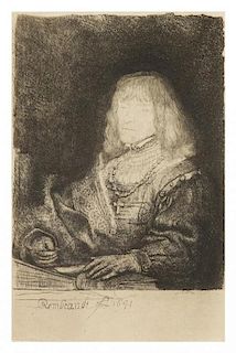 After Rembrandt van Rijn, (Dutch, 1606-1669), Man at a Desk Wearing a Cross