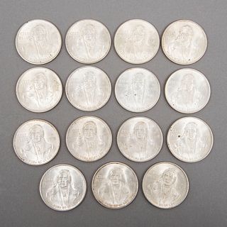 Quince monedas de 100 pesos Morelos en plata ley .720 . Peso: 416.3 g.