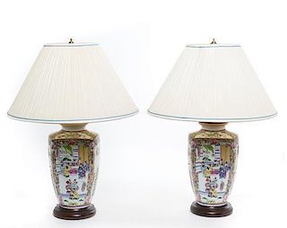 * A Pair of Chinese Export Porcelain Vases Mounted as Lamps Height overall 26 inches.
