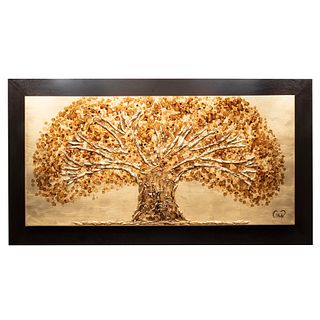 ALBERTA DE JESÚS MARTÍNEZ Árbol de Dios Firmado Técnica mixta 155 x 85 cm Detalles de conservación