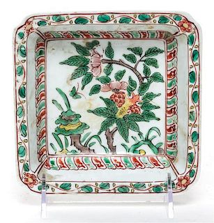 A Green and Red Decorated Porcelain Square Dish. Length 5 1/2 inches.