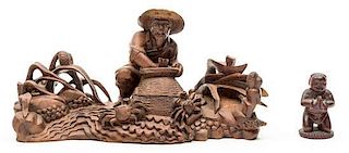 A Carved Wood Figure of a Fisherman Height of taller 10 inches.