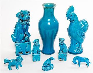 A Group of Eight Turquoise Glazed Porcelain Articles Height 10 1/2 inches.