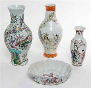 A Group of Four Famille Rose Porcelain Articles Height of tallest 13 1/2 inches.