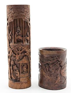 Two Carved Bamboo Brush Pots Height of taller 14 inches.