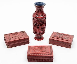 A Group of Four Cinnabar Lacquer Articles Height of tallest 10 inches.
